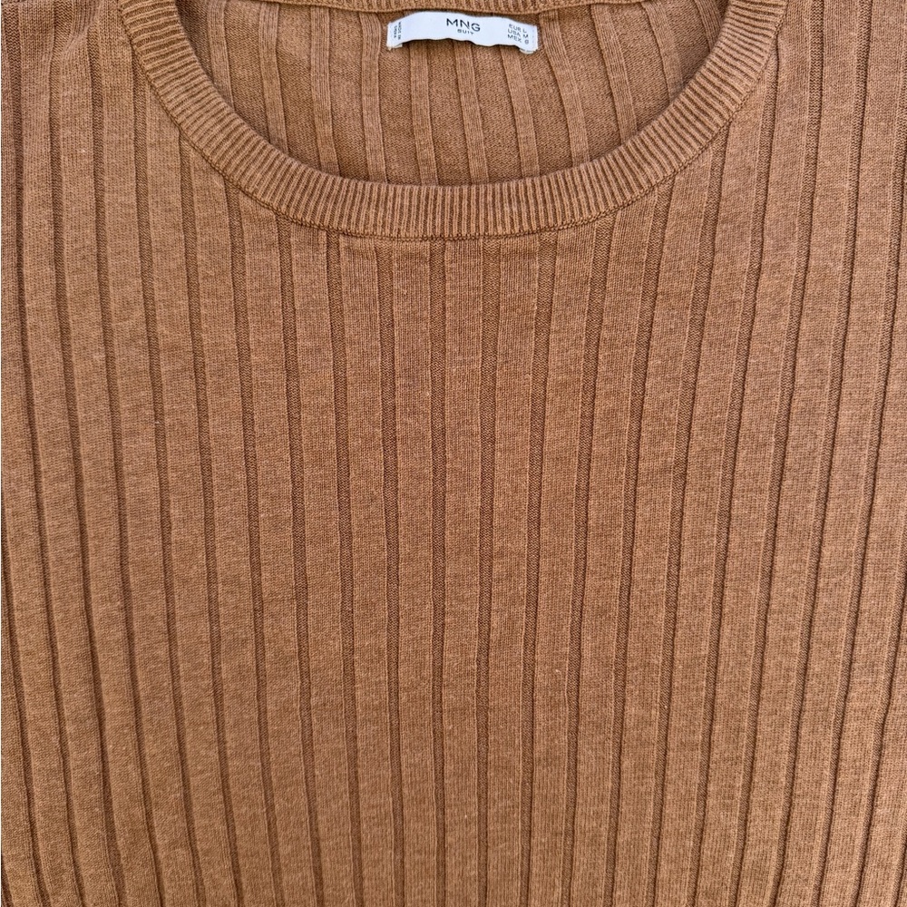 Mango Ribbed Knit Crewneck Sweater in Camel Brown